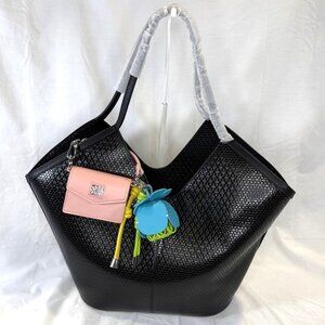 Steve Madden, Embossed Woven X-Large Tote Bag, Black, w/Colorful Bag Charms, NWT